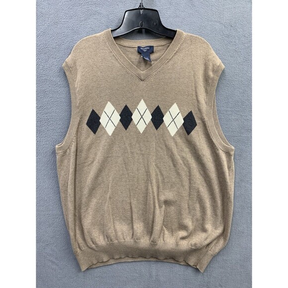Dockers Sweater Vest Mens XL Beige Black Argyle V Neck 100% Cotton Sleeveless - Picture 1 of 13